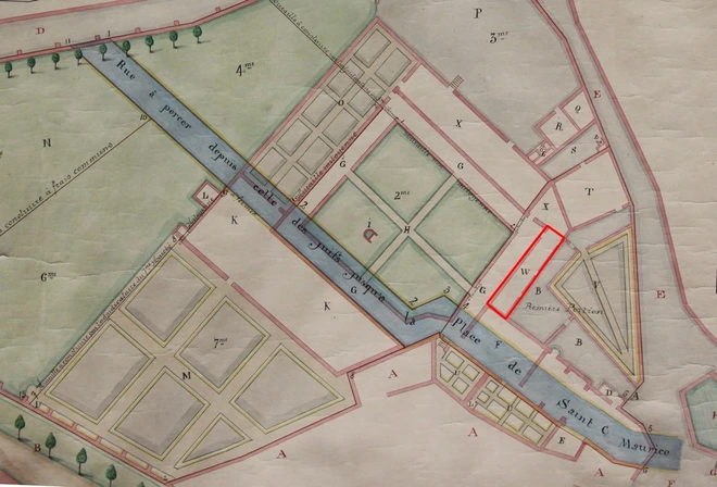 Plan du couvent en 1784, avec localisation du bâtiment existant (W)