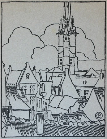 Gravure “Vieux toits de Nivelles”, 1917